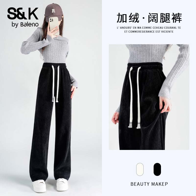 班尼路S&K系列裤子女直筒裤女装冬季新款加绒加厚保暖休闲裤阔腿裤9.36 黑#纯色 M