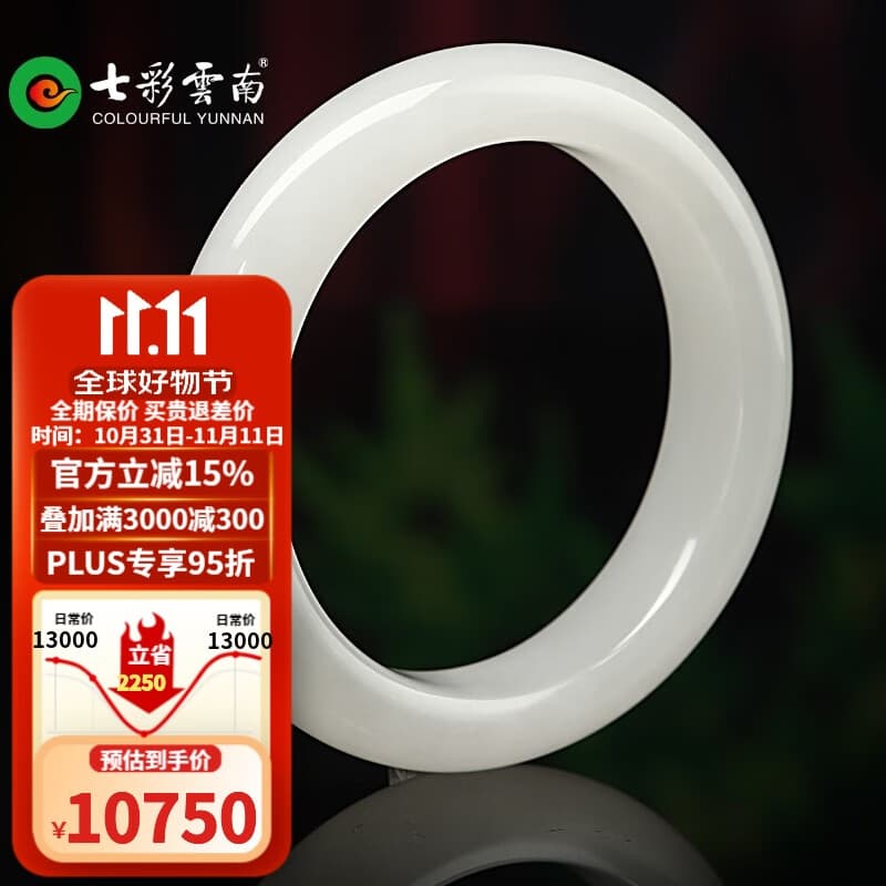 七彩云南保价11.11和田玉手镯白玉镯子送女士送妈妈白玉手镯系列款 白玉镯13000系列 联系客服选尺寸