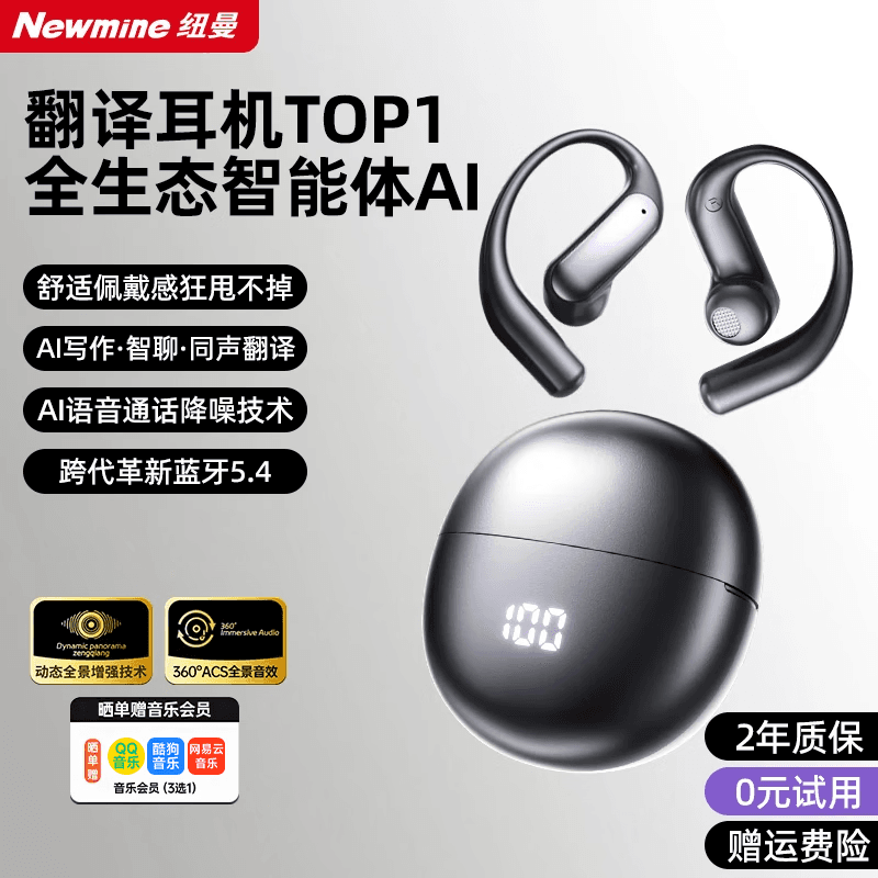 纽曼（Newmine）【AI助手丨翻译耳机】蓝牙耳机挂耳式非骨传导概念无线跑步运动通话耳机超长续航实时翻译录音会议 【AI智能助手丨实时翻译丨同声传译】黑色
