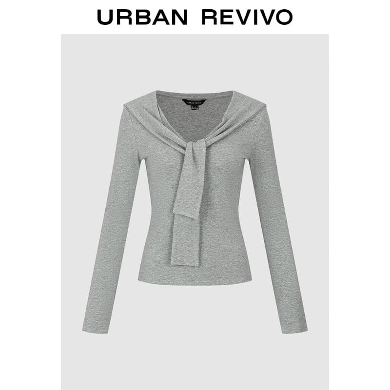 UR2025秋季新款女装都市设计感系带V领修身T恤UWU450038# 花灰 M