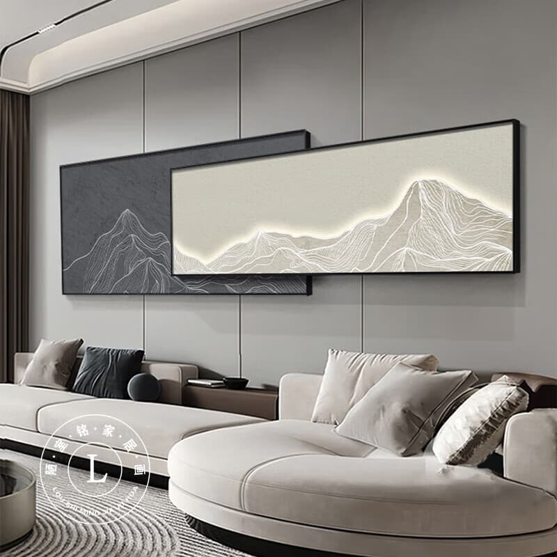 极简抽象沙发背景墙装饰画现代黑白线条壁画横版叠加客厅墙壁挂画 山峦之峰A-晶瓷艺术 高30长70  不叠加【黑框