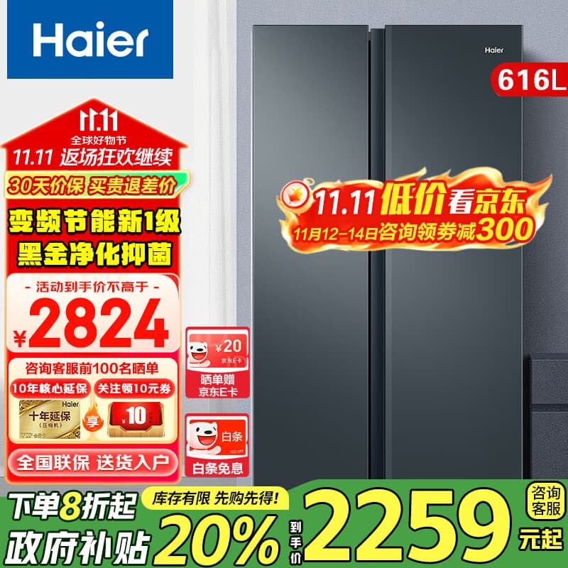 海尔冰箱616升双开门对开门冰箱一级能效变频大容量超薄家用冰箱风冷无霜双门家用电冰箱 616升大容量+健康黑金净化+风冷无霜