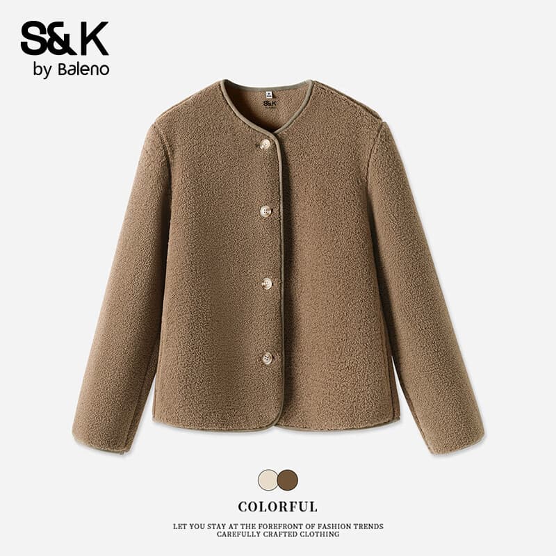 班尼路（Baleno）S&K系列外套女开衫长袖女装秋冬新款小香风麦穗绒保暖圆领上衣服 咖#纯色 L