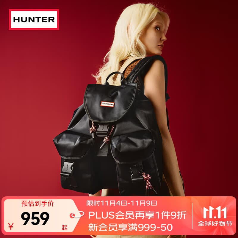HUNTER户外多口袋双肩包书包女士户外旅游通勤简约双肩背包 黑色/BLK