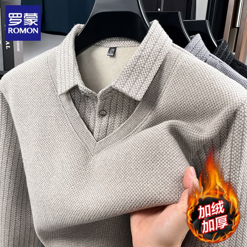罗蒙（ROMON）男士仿雪貂绒假两件加绒毛衣2025秋冬新款保暖针织打底衫男装上衣 221驼色 XL (建议体重125-140斤)