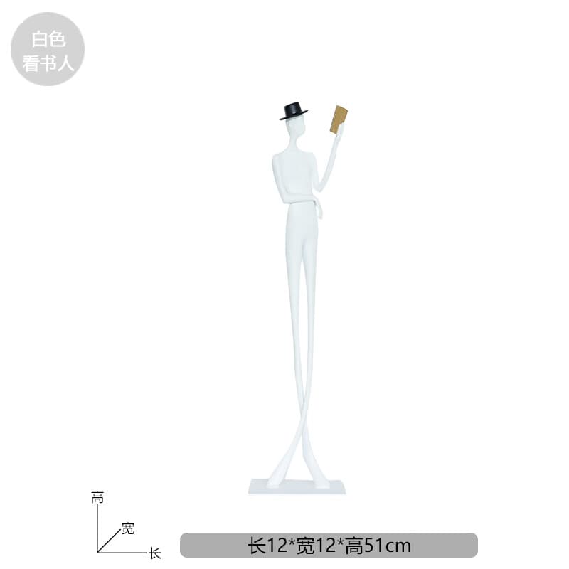 现代轻奢创意抽象人物看书摆件样板房电视柜客厅玄关落地艺术雕塑 白色看书人51CM高长12宽12CM