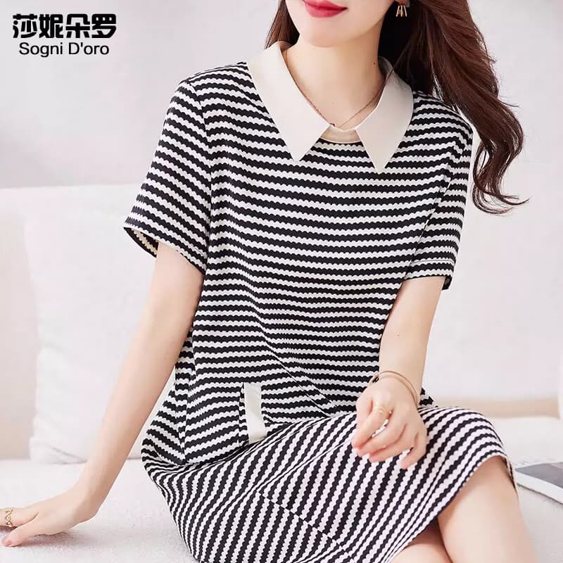 莎妮朵罗大码女装连衣裙女2025胖mm夏季新款遮肚子短袖微胖雪纺裙子20224 条纹 XL建议110-130斤穿着